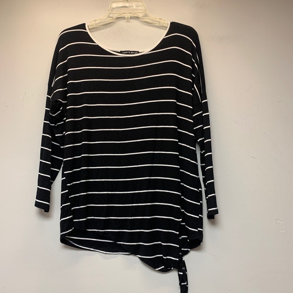 Cable & Gauge Striped Top Women Large Black White Excellent Side Tie Long Sleeve